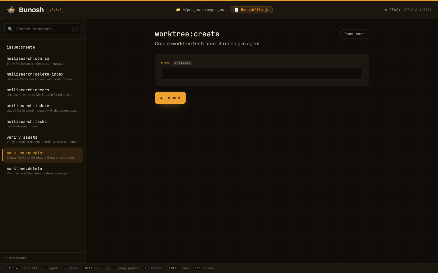 Bunosh UI mode showing the worktree:create command with its arguments and a Launch button